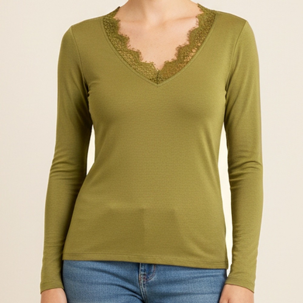 Mystree NWT Modal Lace V-Neck Top Womens S Olive Green Long Sleeve Fitted